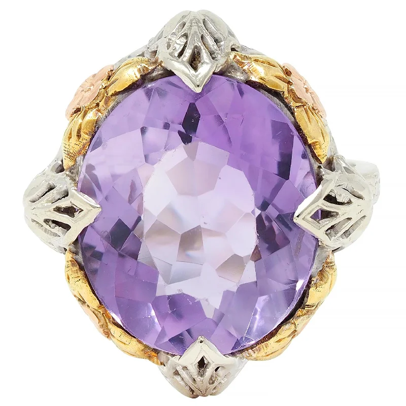 Adjustable gemstone ring for women-Art Deco Amethyst 14 Karat Tri-Gold Vintage Orange Blossom Cocktail Ring