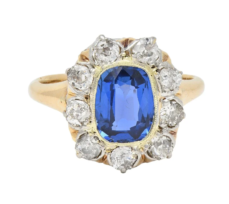 Personalized ring for women-Edwardian 2.83 CTW No Heat Burma Sapphire Diamond Platinum 18 Karat Gold Antique Halo Ring GIA