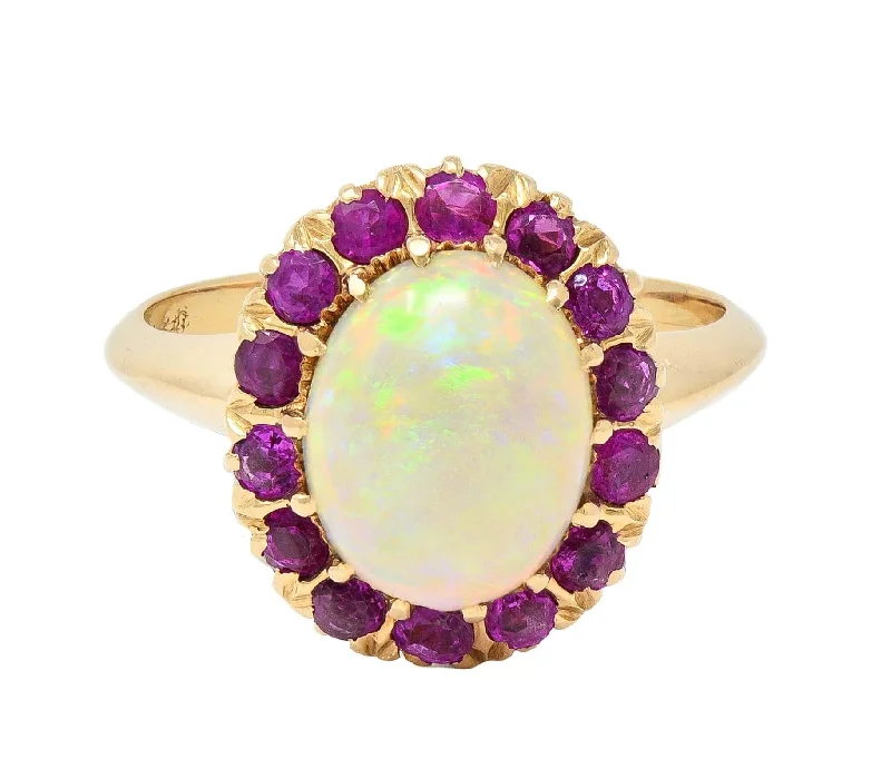 Unique ring for women-Retro Pink Sapphire Opal 14 Karat Yellow Gold Vintage Halo Ring