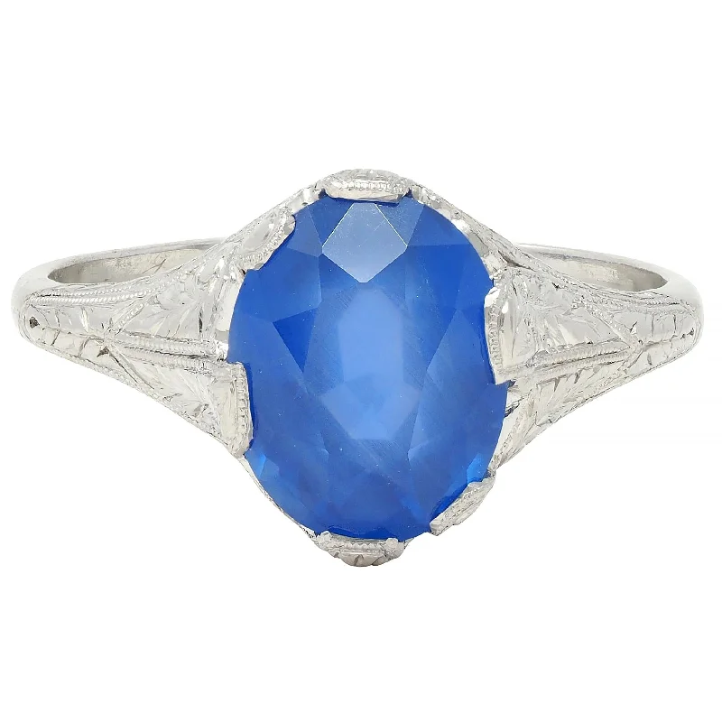 Stackable gold ring for women-Art Deco 4.43 CTW No Heat Ceylon Sapphire Platinum Foliate Vintage Ring GIA