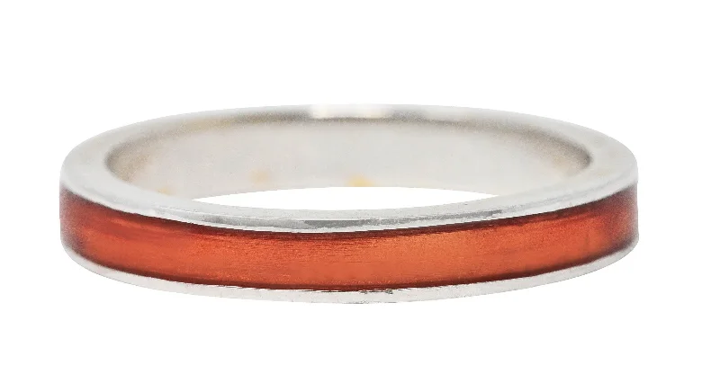 Elegant ring for women-Hidalgo Vintage Orange Enamel 18 Karat White Gold Eternity Band Ring