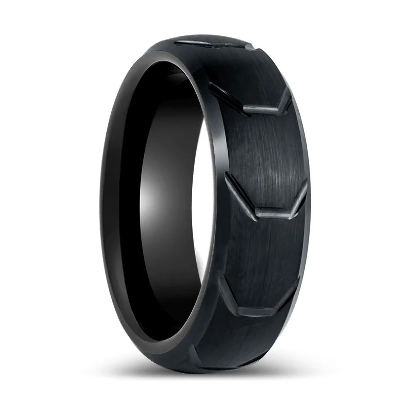 Adjustable fashion ring for women-GRYPHON| Black Tungsten Ring with Tire Thread Center Beveled Edge