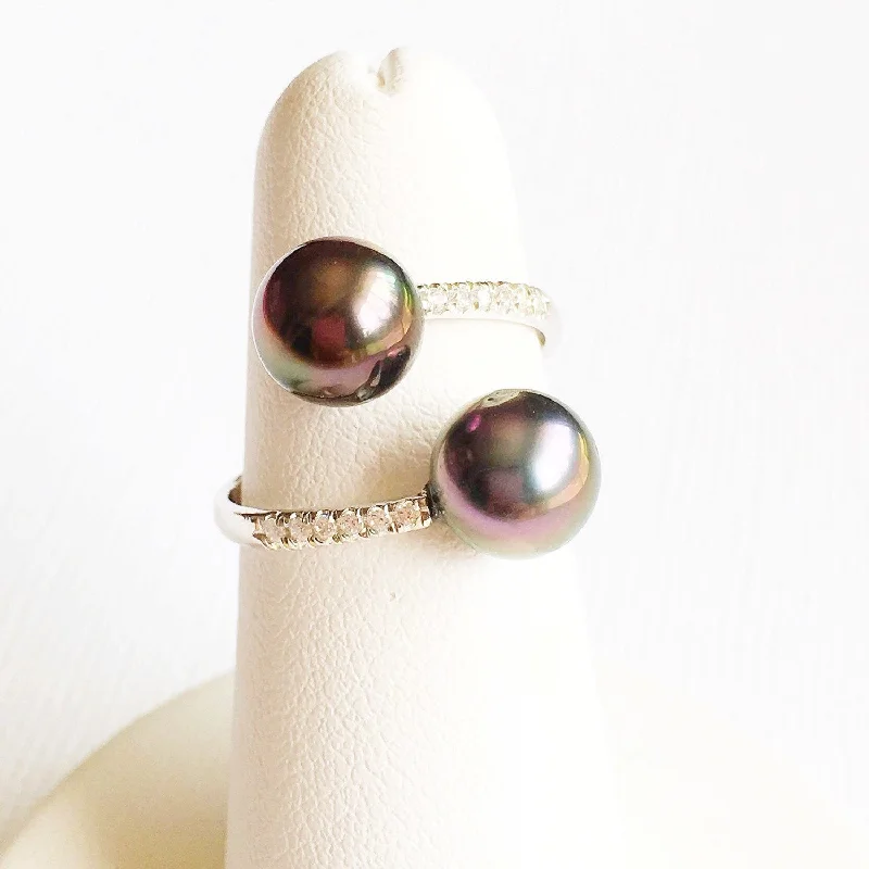 Gemstone ring for women-Ring Leia - Diamond pave tahitian pearls  (E148)