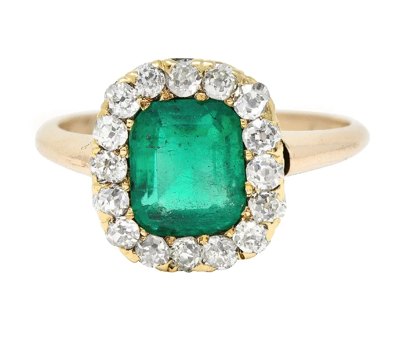 Unique ring for women-Victorian 2.51 CTW Cushion Cut Colombian Emerald Diamond 14 Karat Yellow Gold Antique Halo Ring GIA