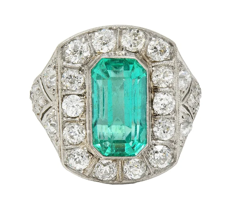 Band ring for women-Art Deco 5.86 CTW Colombian Emerald Diamond Platinum Vintage Halo Ring GIA