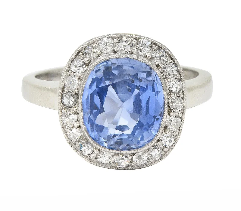 Designer ring for women-Art Deco 4.11 CTW No Heat Ceylon Sapphire Diamond 14 Karat Gold Halo Ring GIA