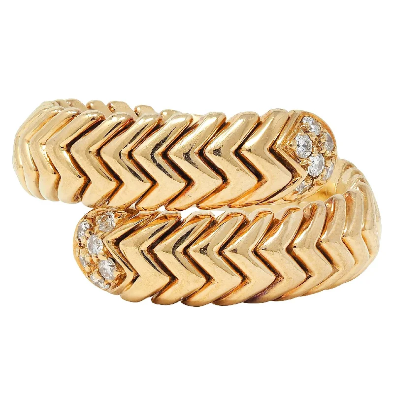 Round ring for women-Bulgari Vintage Diamond 18 Karat Yellow Gold Spiga Tubogas Bypass Ring