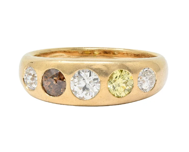 Adjustable gemstone ring for women-1960's 1.25 CTW Fancy Multi-Colored Diamond 14 Karat Gold Vintage Band Ring