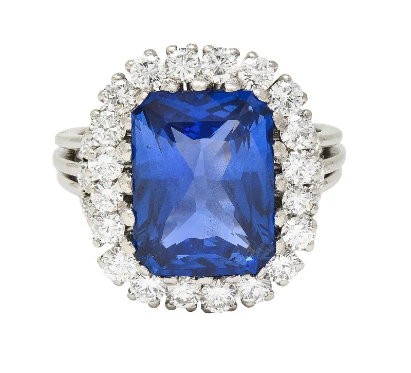 Elegant ring for women-Mid-Century 11.10 CTW No Heat Ceylon Sapphire Diamond Platinum Vintage Halo Ring CD