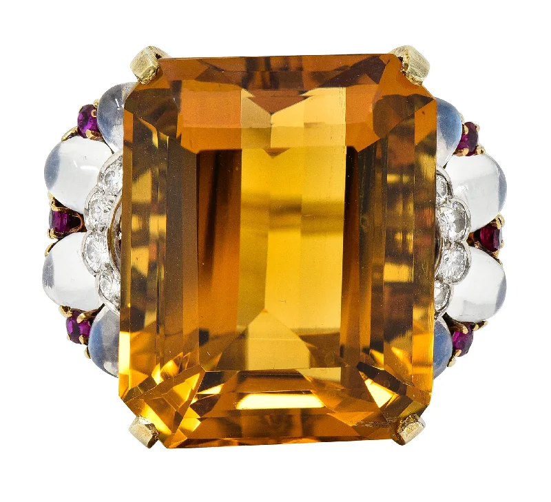 Statement jewelry ring for women-Tiffany & Co. Retro 39.97 CTW Emerald Cut Citrine Diamond Ruby Moonstone Cabochon Platinum 14 Karat Yellow Gold Vintage Cocktail Ring