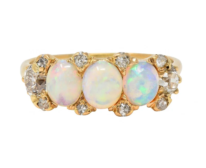 Cocktail ring for women-Victorian Opal Diamond 14 Karat Yellow Gold Antique Band Ring