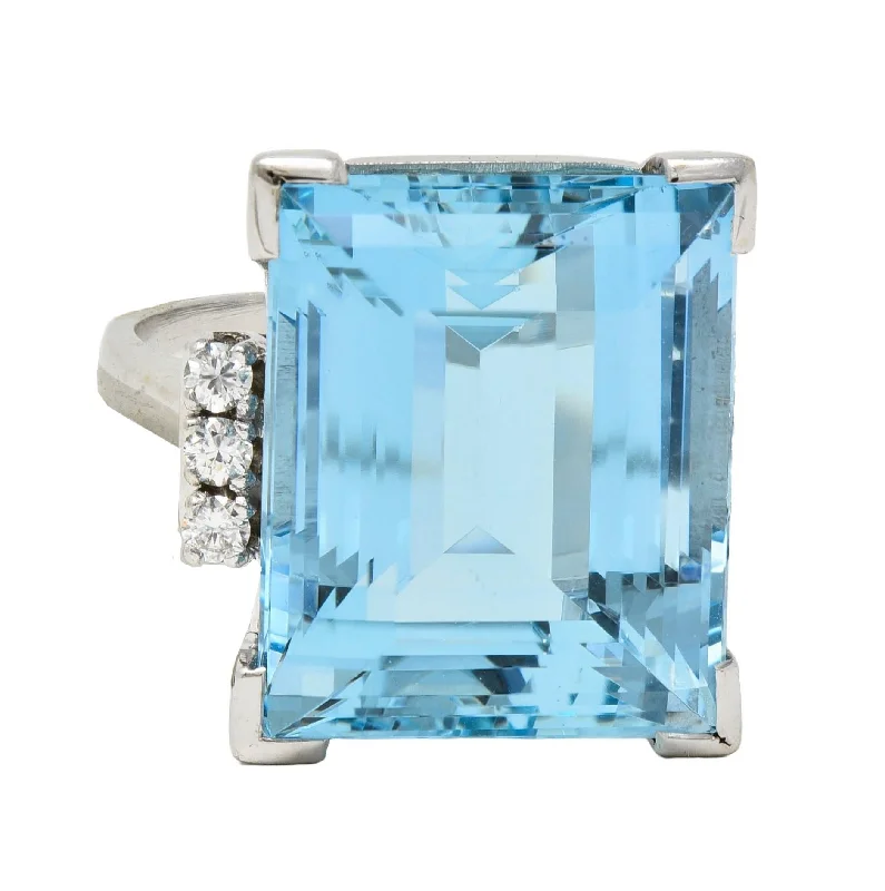 Stylish diamond ring for women-Mid-Century 19.50 CTW Aquamarine Diamond 18 Karat White Gold Vintage Cocktail Ring