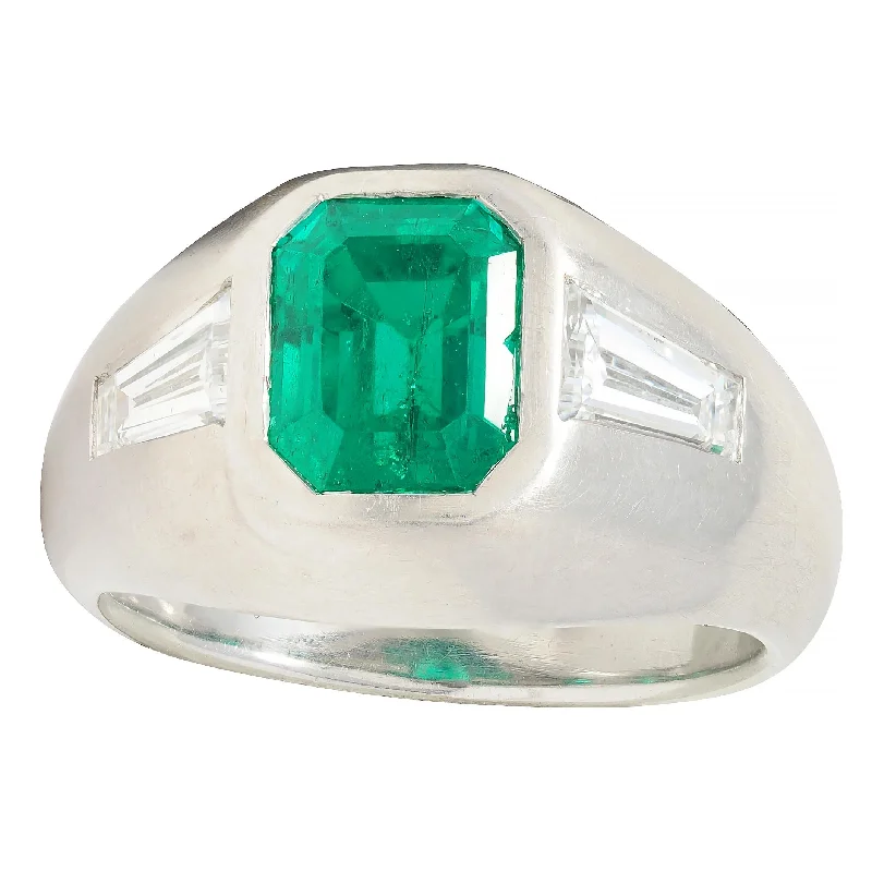 Wedding ring for women-1960's 3.70 CTW Colombian Emerald Diamond Platinum Vintage Three Stone Unisex Ring AGL