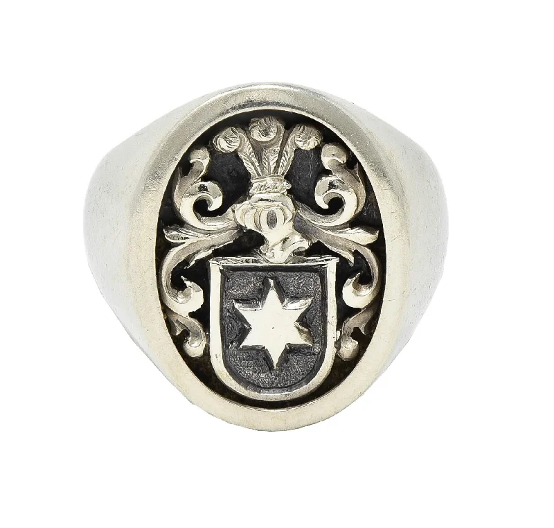 Round ring for women-Vintage 18 Karat White Gold Heraldic Knight Star Cameo Unisex Signet Ring