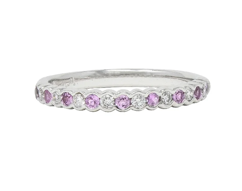 Gemstone engagement ring for women-Contemporary 0.60 CTW Diamond Pink Sapphire 18 Karat White Gold Stacking Band Ring