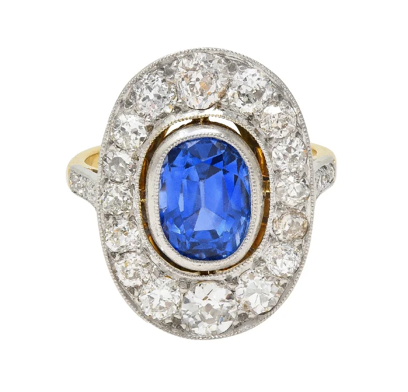 Diamond ring for women-French Edwardian 3.55 CTW No Heat Ceylon Sapphire Diamond Platinum 18 Karat Gold Antique Halo Ring GIA