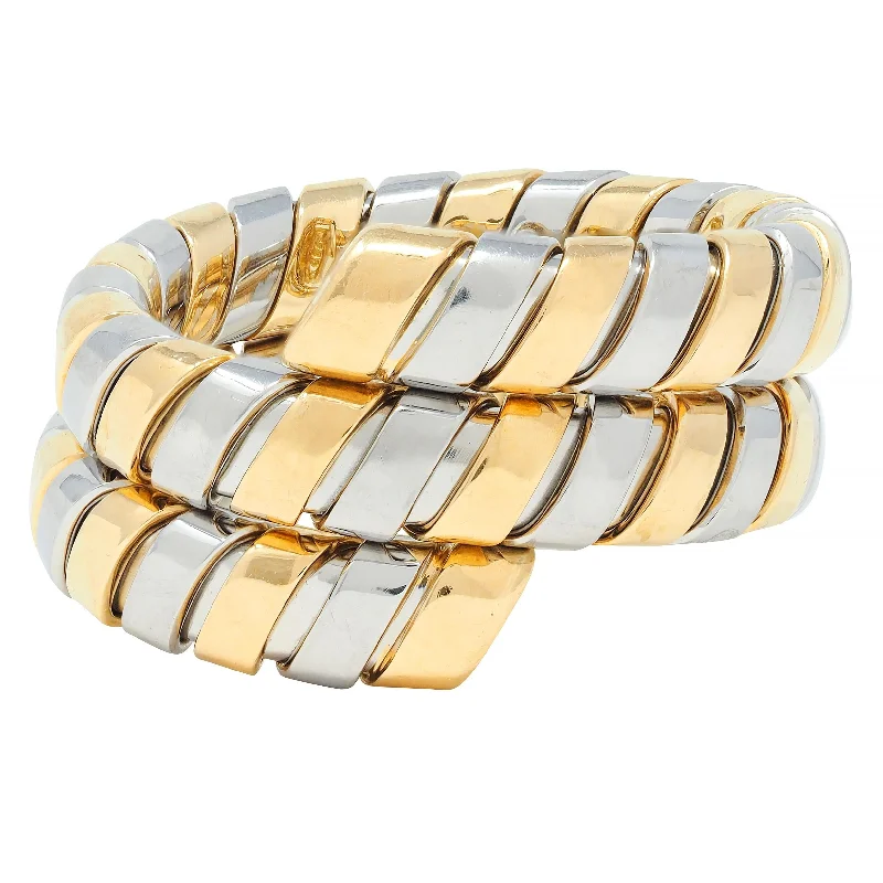 Gold ring for women-Bulgari 18 Karat Yellow Gold Stainless Steel Vintage Tubogas Serpenti Ring