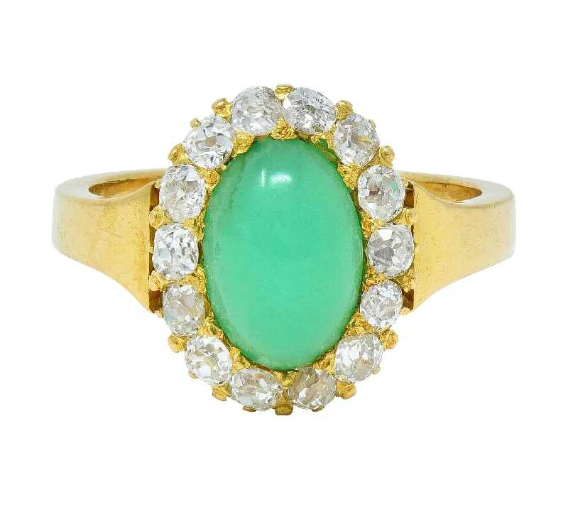 Retro ring for women-Modernist Chrysoprase Diamond 18 Karat Yellow Gold Vintage Halo Ring