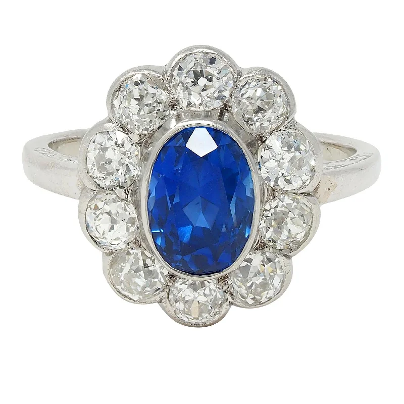 Minimal design ring for women-Art Deco 4.16 CTW No Heat Ceylon Sapphire Diamond Platinum Vintage Halo Ring GIA