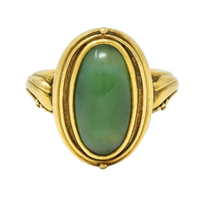 Boho ring for women-Art Nouveau Jadeite Jade 18 Karat Yellow Gold Antique Signet Ring