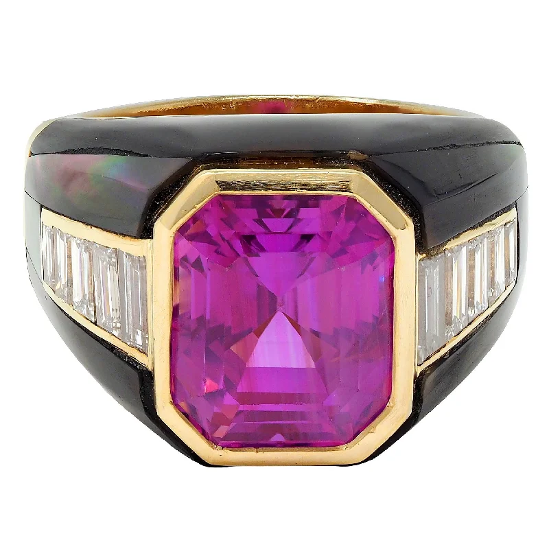 Statement jewelry ring for women-French 1950's No Heat Pink Ceylon Sapphire Diamond Abalone 18 Karat Gold Vintage Ring AGL