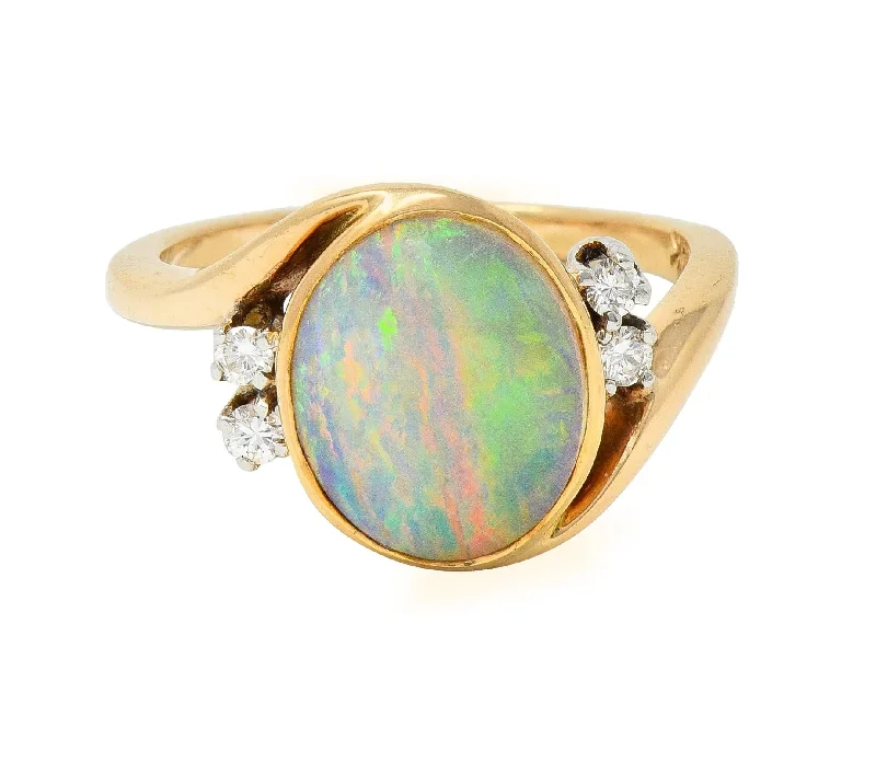 Cocktail ring for women-Vintage Opal Cabochon Diamond Platinum 14 Karat Yellow Gold Bypass Ring