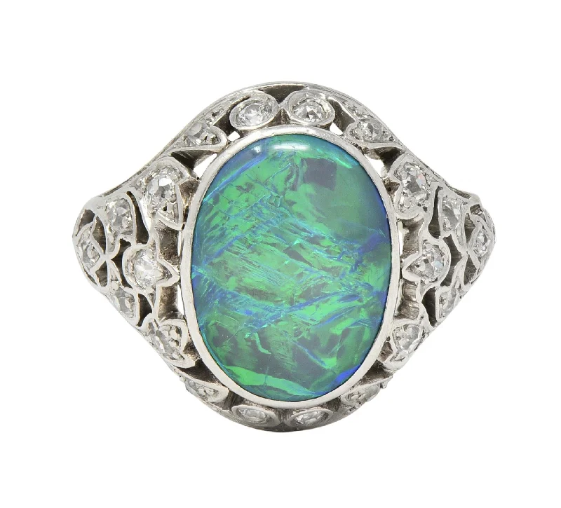 Minimal design ring for women-Art Deco Opal Diamond Platinum Ivy Bombé Vintage Gemstone Ring