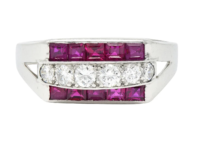 Band ring for women-1950's Mid-Century 1.05 CTW Ruby Diamond Platinum Band Ring