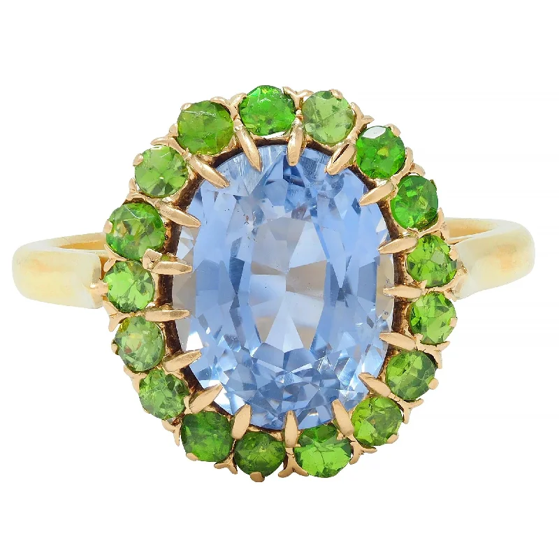 Solitaire ring for women-Vintage 5.63 CTW No Heat Ceylon Sapphire Demantoid Garnet 18 Karat Yellow Gold Halo Ring GIA