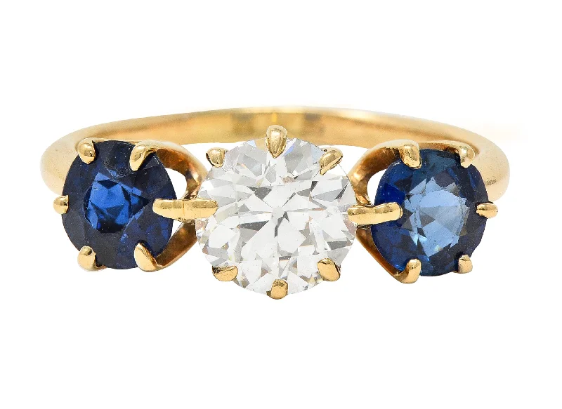 Ring set for women-Victorian 2.37 CTW Old European Cut Diamond Sapphire 14 Karat Yellow Gold Antique Three Stone Ring