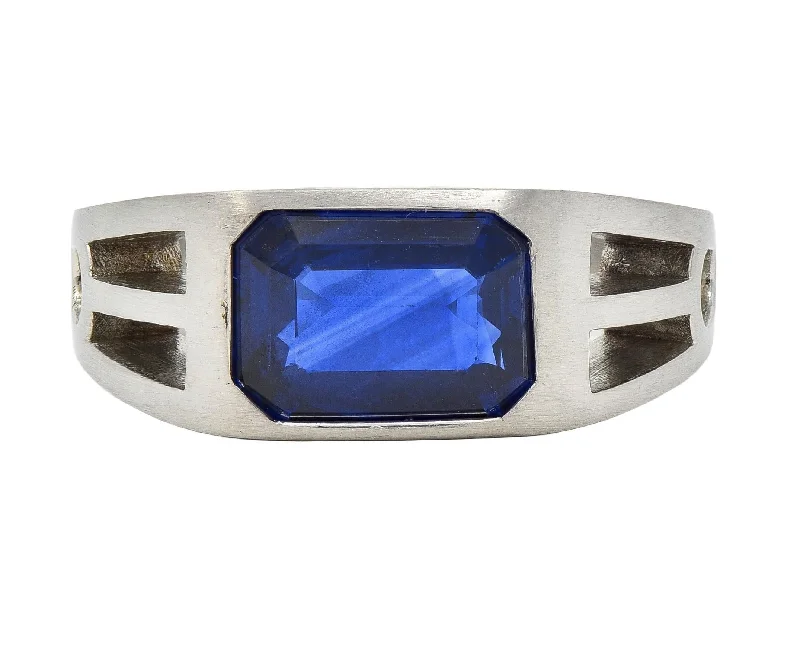 Silver ring for women-Modernist 5.60 CT Blue Sapphire Platinum Geometric Unisex Men's Signet Ring