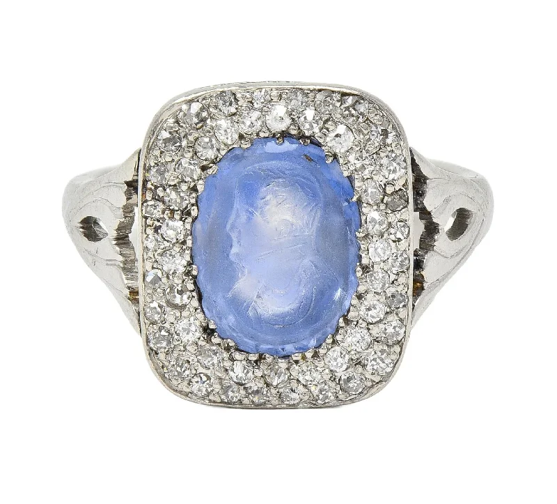 Stackable ring for women-Art Deco 4.45 CTW Sapphire Diamond Platinum Antique Carved Napoleon Cameo Ring