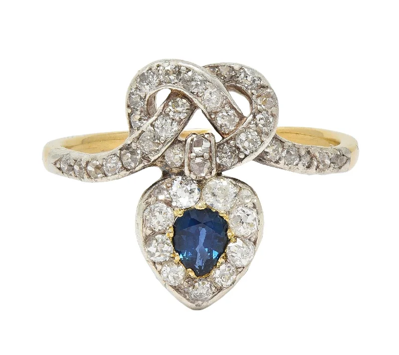 Stylish fashion ring for women-Victorian 1.60 CTW Sapphire Diamond Silver 14 Karat Gold Antique Love Knot Ring