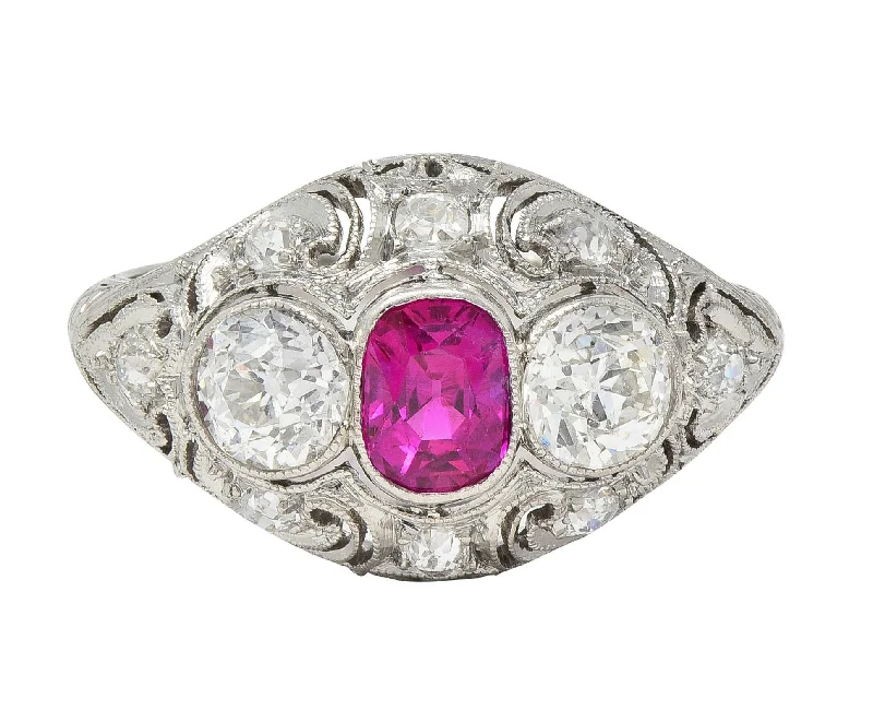 Gemstone engagement ring for women-Art Deco 1.75 CTW No Heat Burma Ruby Diamond Platinum Vintage Lotus Bombé Ring GIA