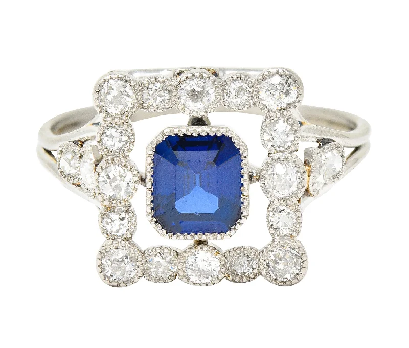 Silver ring for women-Art Deco 1.35 CTW Sapphire Diamond Platinum Rectangular Cluster Ring