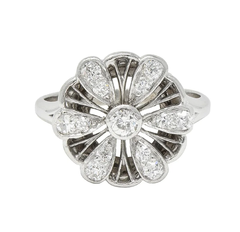 Birthstone ring for women-Mid-Century Diamond 14 Karat White Gold Fanning Floral Vintage Dinner Ring