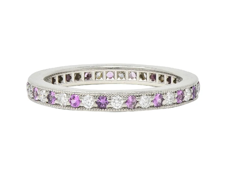 Vintage gold ring for women-Tiffany & Co. 2000's Diamond Pink Sapphire Platinum Legacy Eternity Band Ring