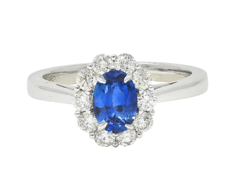 Modern ring for women-Contemporary 1.63 CTW Sapphire Diamond 18 Karat White Gold Halo Ring