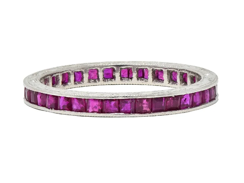 Trendy ring for women-Art Deco 1.85 CTW Square Cut Ruby Platinum Scrolling Eternity Vintage Channel Band Ring