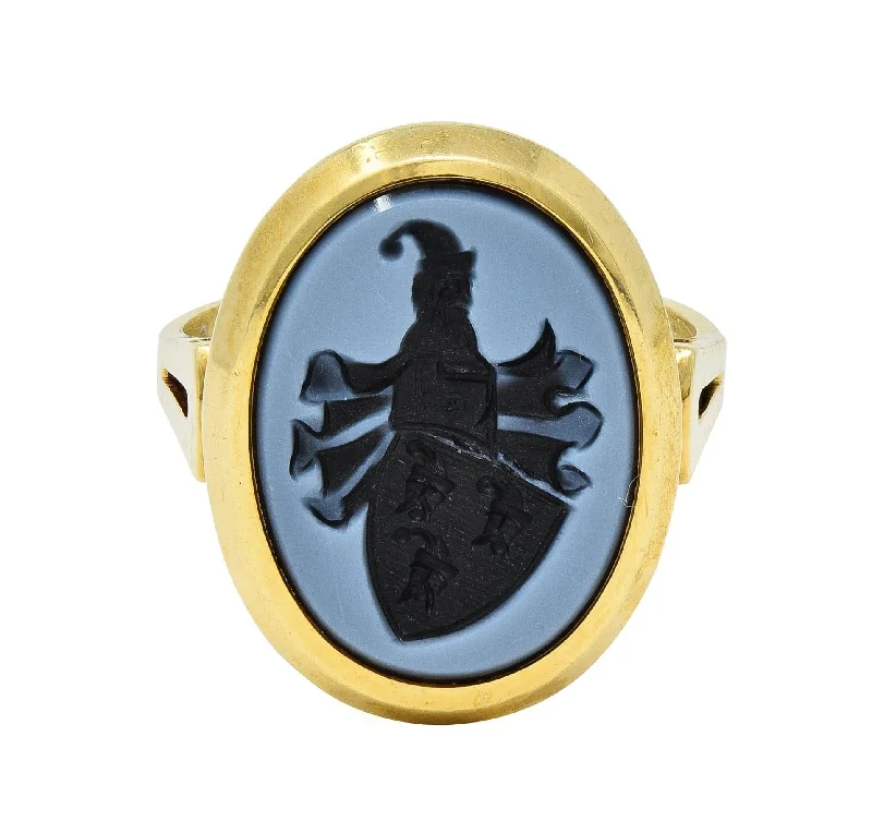 Stackable gold ring for women-Victorian Carved Agate 14 Karat Yellow Gold Antique Heraldic Intaglio Unisex Signet Ring