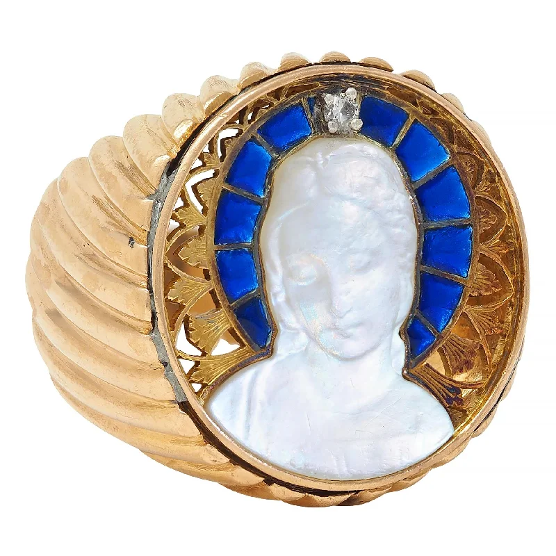 Silver-plated ring for women-1960's Mother-Of-Pearl Diamond Enamel 18 Karat Yellow Gold Vintage Rose Window Madonna Ring