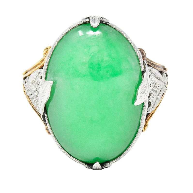 Classic ring for women-Edwardian Natural Jadeite Jade Cabochon Platinum 18 Karat Yellow Gold Lotus Antique Ring GIA