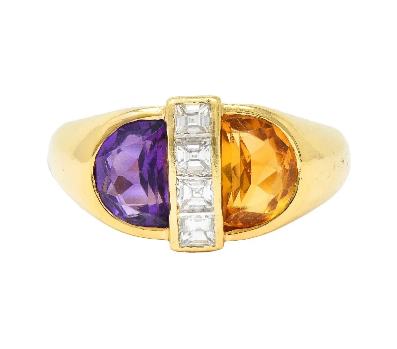 Emerald cut ring for women-Cartier 1980's 2.04 CTW Amethyst Citrine Diamond 18 Karat Yellow Gold Vintage Ring