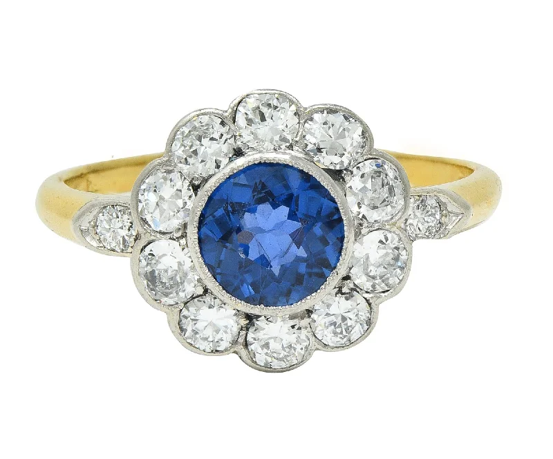 Personalized name ring for women-Art Deco 1.86 CTW No Heat Burma Sapphire Diamond Platinum 14 Karat Gold Halo Ring