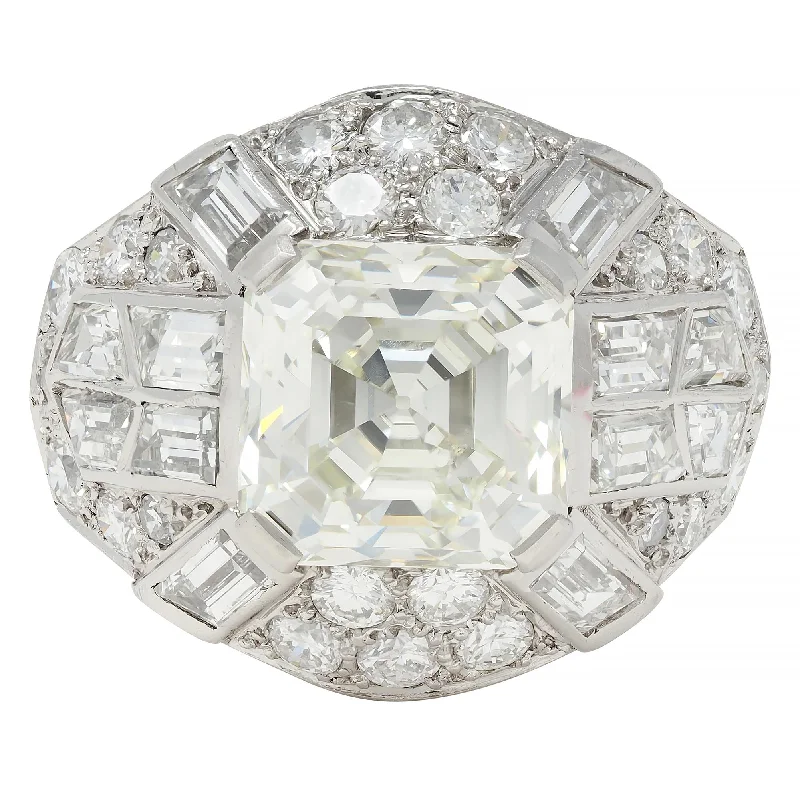 Geometric ring for women-Mid-Century French 7.13 CTW Asscher Diamond Platinum 18 Karat White Gold Vintage Dome Ring GIA