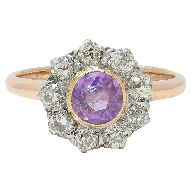 Stylish fashion ring for women-Edwardian Pink Sapphire Diamond Platinum 18 Karat Gold Antique Halo Cluster Ring