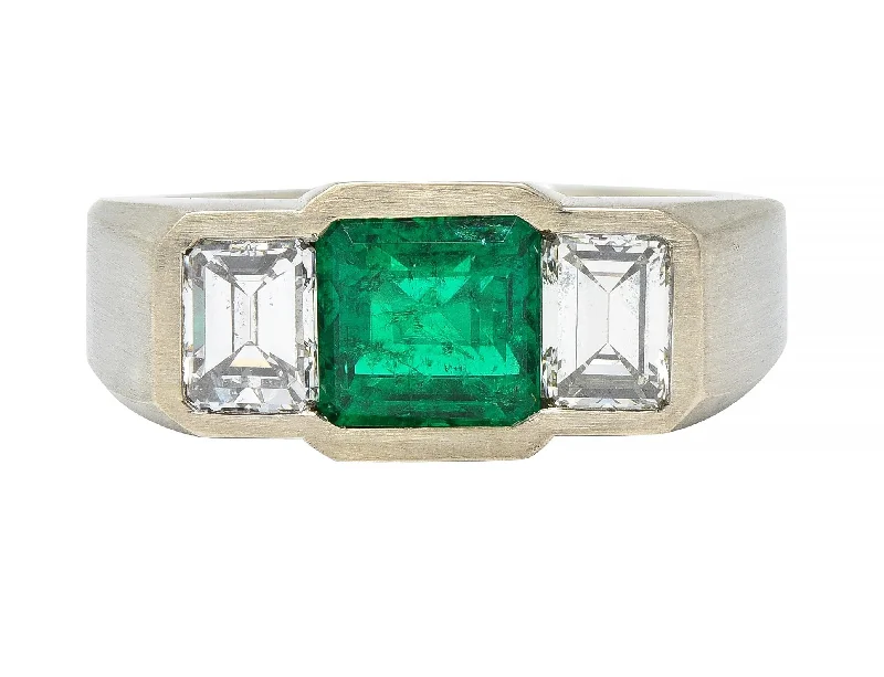 Boho ring for women-3.79 CTW Colombian Emerald Diamond 14 Karat White Gold Three Stone Men's Unisex Ring AGL