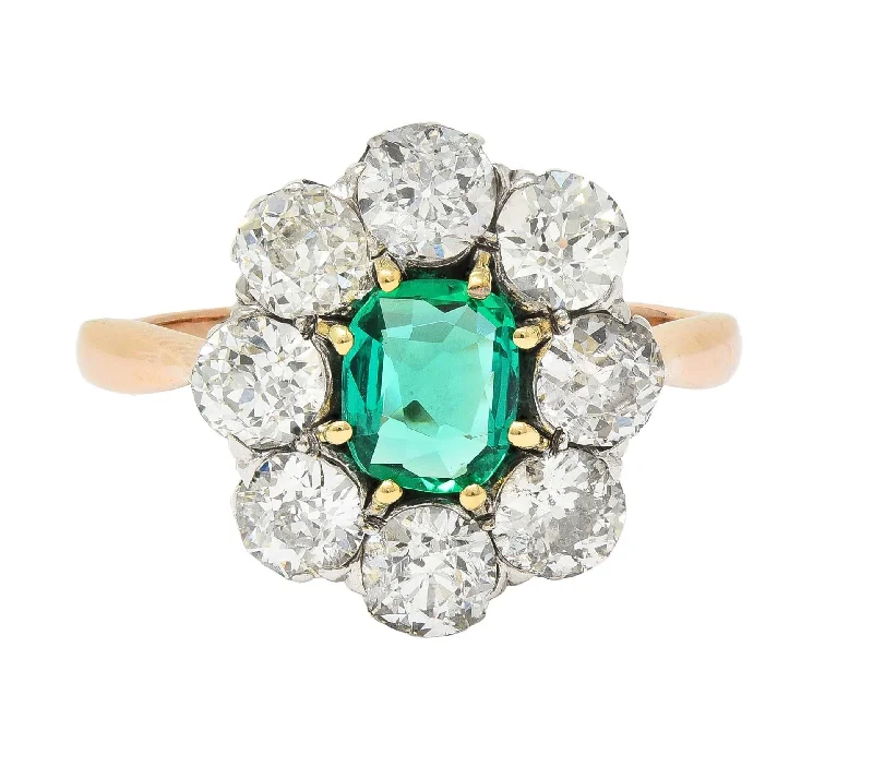 Sterling silver ring for women-Victorian 2.69 CTW No Oil Colombian Emerald Diamond Silver 14 Karat Yellow Gold Antique Halo Ring GIA