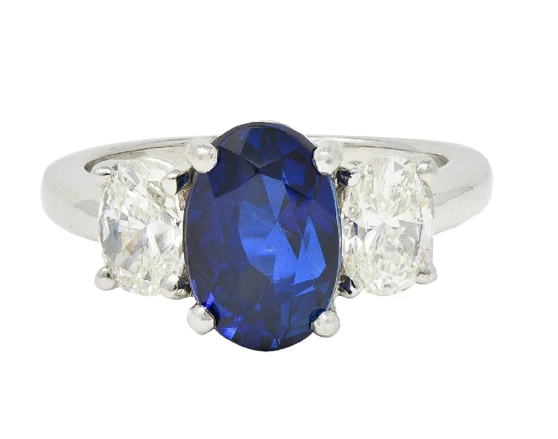 Custom ring for women-Contemporary 5.00 CTW No Heat Ceylon Sapphire Diamond Platinum Three Stone Ring GIA