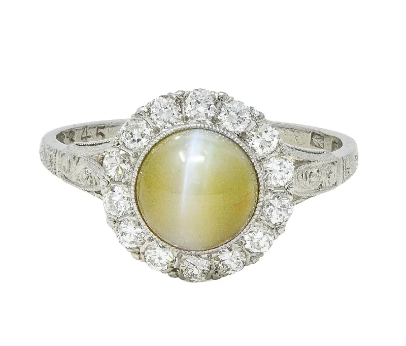 Simple ring for women-Late Art Deco 0.42 CTW Diamond Cat's Eye Chrysoberyl Platinum Vintage Halo Ring